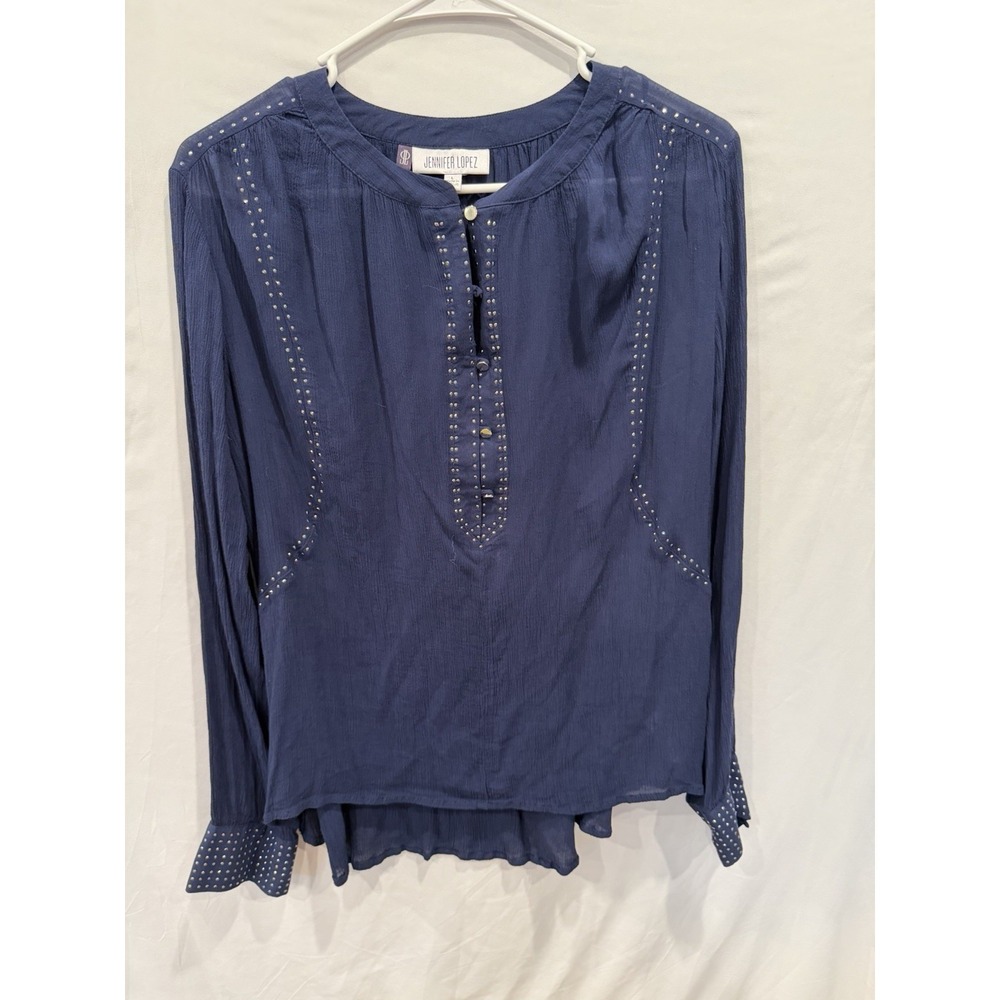 Jennifer Lopez Women's Navy Chiffon Studded Top Blouse Size L